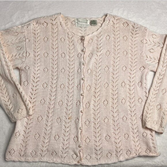 VNTG Shenanigans Baby Pink Lacy Knit Cotton/Ramie Coquette Cardigan sz L Girly - Picture 1 of 13